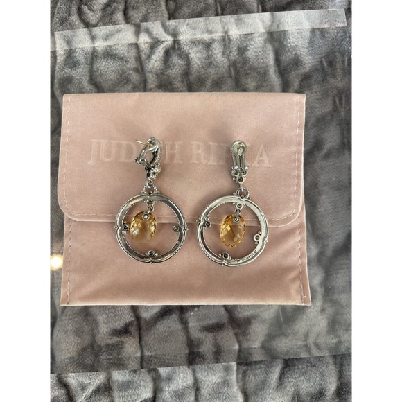 Couture Judith Ripka Citrine & Diamond Dangle SS & 18kt solid gold Earrings RARE - Picture 5 of 6